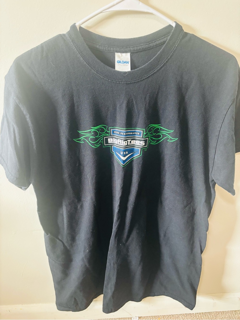Gildan Black Tee with Neon Green and Blue Shield Graphic